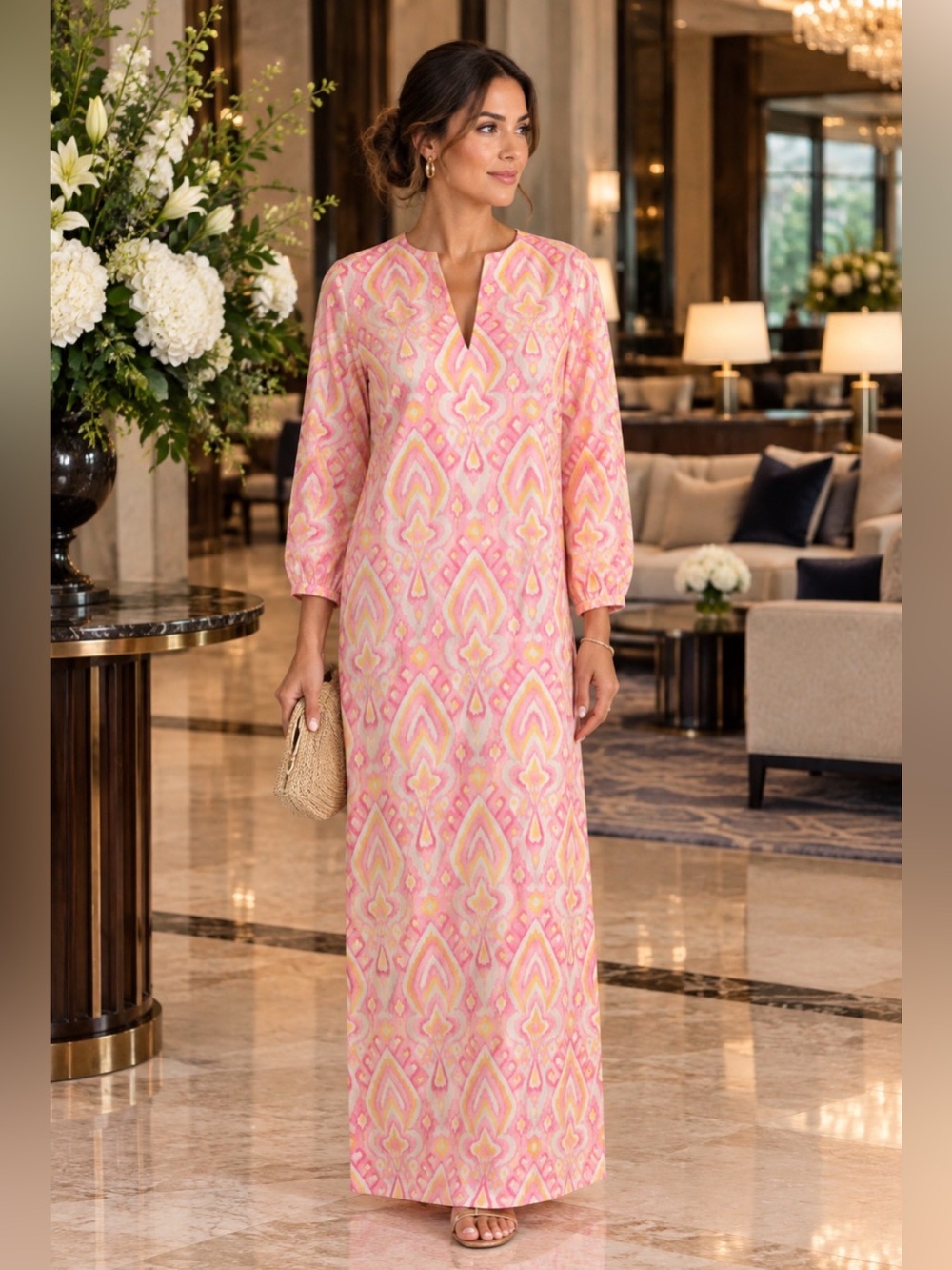 Long Pink & Yellow Printed Cotton Caftan